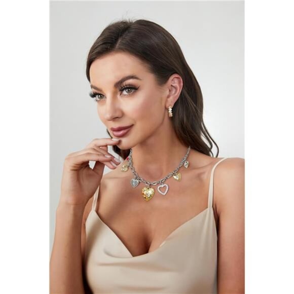 💖 Gold & Silver Puffy Heart Necklace | Crystal Charm Pendant - Picture 2 of 5